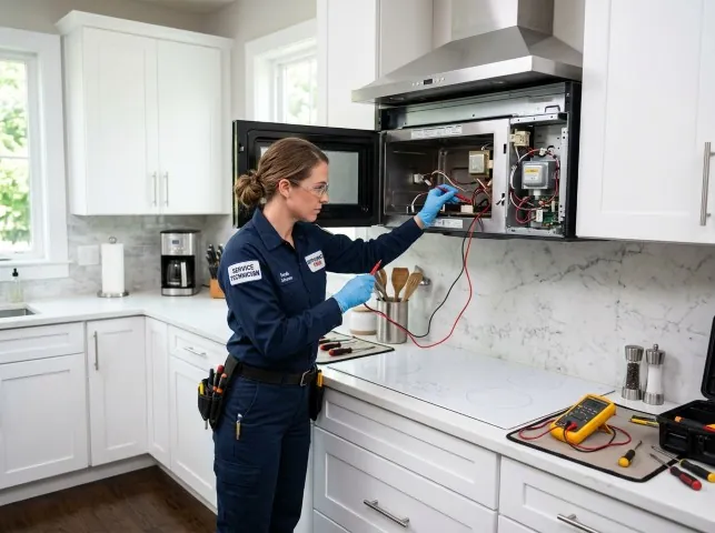 Appliance Repair Hero technician testing an over-the-range microwave in a Braddock, PA kitchen